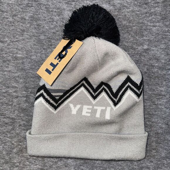 Yeti Cooler Freestyle Pom Beanie Winter Hat Gray Black Cuffed Adult One Size NEW - Picture 1 of 4
